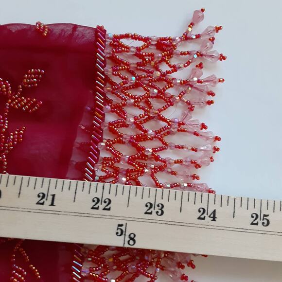 Vintage 70s Jack Bryan Beaded Sheer Silk Tunic Top Cherry Red Evening Holiday - Picture 14 of 15